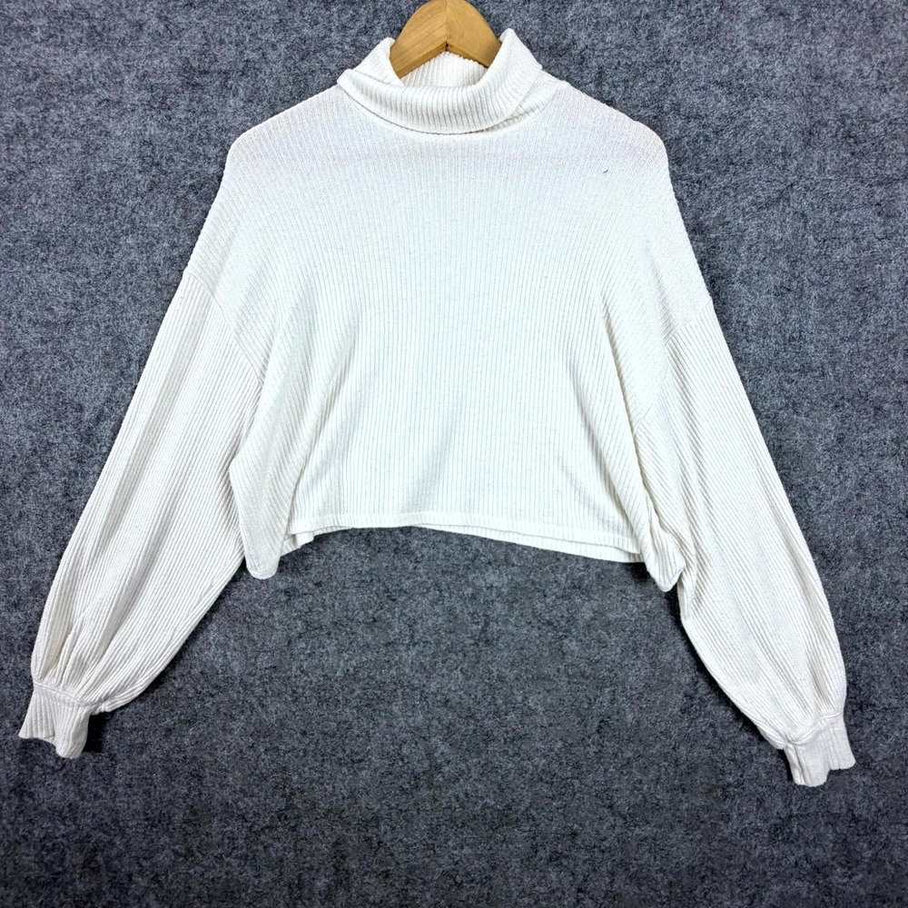 Hollister Boxy Cropped Sweater Womens S White Ribbed Balloon Sleeve Turtleneck